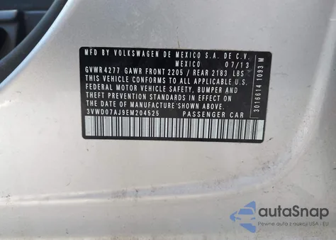 2014 Volkswagen Jetta 1.8T Se z USA, uszkodzony, nr VIN 3VWD07AJ9EM204525